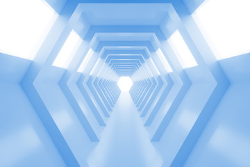 Fototapeta na wymiar Abstract empty cool blue shining tunnel with light in the end. 3D Render.
