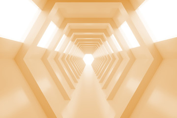 Abstract empty warm orange shining tunnel with light in the end. 3D Render.