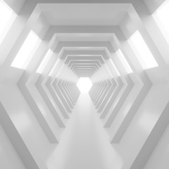 Abstract empty white shining tunnel with light in the end. 3D Render.