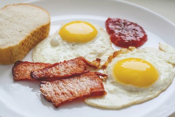 eggs and bacon white plate