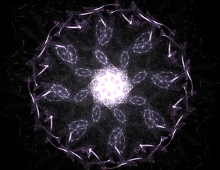 Particles of abstract fractal forms on the subject of nuclear physics science and graphic design. Geometry sacred futuristic