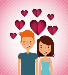 cartoon young couple in love with hearts icon over pink background. colorful design. vector illustration