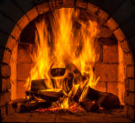 A fire burns in a fireplace