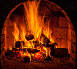 A fire burns in a fireplace
