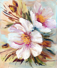 Pink and white peony background. Oil painting floral texture © Valenty