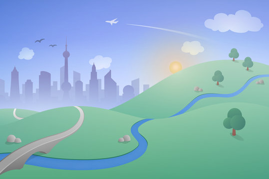 Landscape with City in Summer - A simple and beautiful landscape illustration in a clean and simple style with flowing curves. Rolling hills, a city skyline, and a plane flying in the clear blue sky.