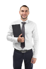 Young business coach with clipboard standing on white background