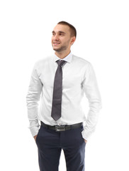 Young business coach standing on white background