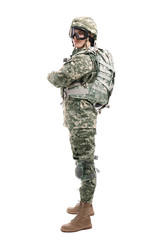 Soldier in camouflage on white background