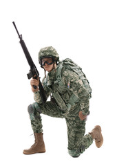Soldier in camouflage with rifle, on white background