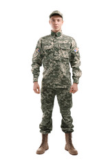 Soldier in camouflage on white background
