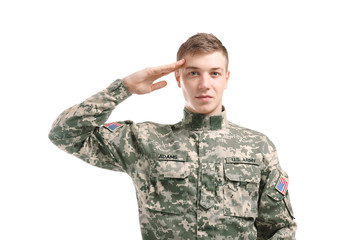 Soldier in camouflage saluting on white background