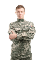 Soldier in camouflage on white background