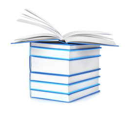 Stack of books on white background