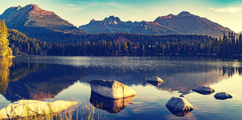 Panorama mountain lake, autumn, high-Tatry, Slovakia - obrazy, fototapety, plakaty
