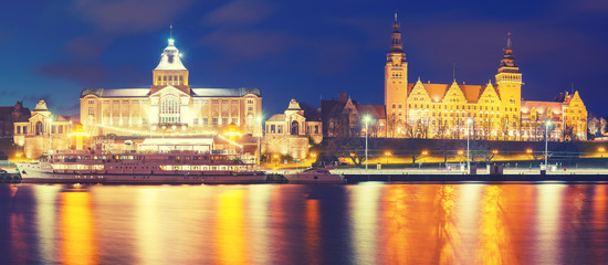 Fototapeta na wymiar Night panorama of Old Town in Szczecin (Stettin) City