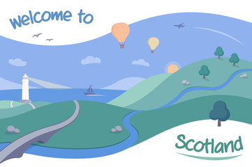 Illustration with Scottish Coastline – a landscape with hot air balloons flying over the scenery, in the style of a retro postcard or poster. Ideal for illustrating themes of travel and the outdoors.