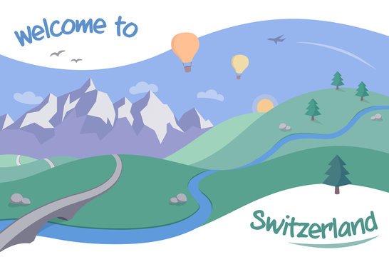 Illustration for Switzerland Tourism – a landscape with hot air balloons flying over mountains, in the style of a retro postcard or poster.