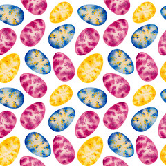 Seamless pattern watercolor easter eggs, happy easter pattern with pink, yellow and blue eggs, easter egg pattern for wallpaper, greeting card, wrapping, web, poster, flyer, textile