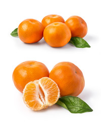  Tangerines with leaves on a white background.