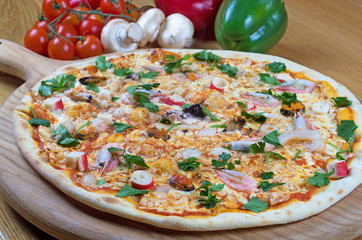 Seafood Italian Pizza on wood dish