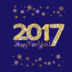 Fototapeta na wymiar 2017 Happy New Year Gold Embroidery Style. Vector illustration on blue background