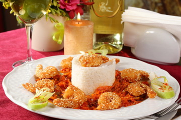 Restaurant dinner shrimps with rice 