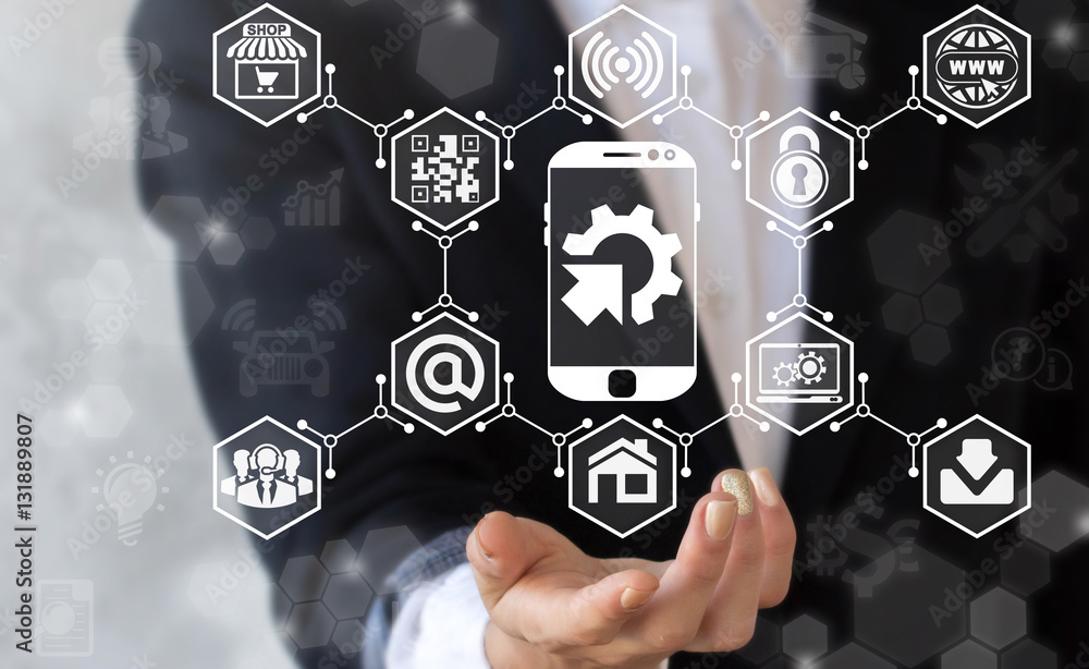 Poster integration business iot industrial web computer concept. smart phone gear arrow modernization autom