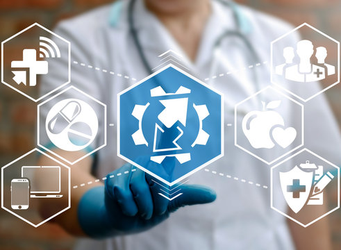 Medicine integration automation computer health care web concept. Gear arrows healthy computing modernization medical engineering industrial intelligence smart iot technology