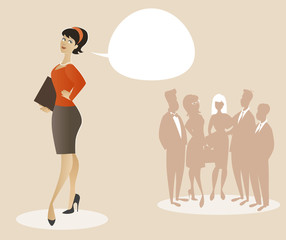 Business woman dressed in 50's or 60's clothes proud of her team. Cartoon style. Vector Illustration