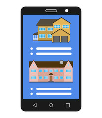 Smartphone with realty app. House sale. Realty selling application.Vector illustration