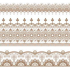 Indian, Mehndi Henna three brown line lace elements for pattern or tattoo on white background