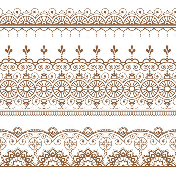 Indian, Mehndi Henna three brown line lace elements for pattern or tattoo on white background