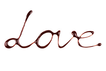 the word Love written by liquid chocolate on white background