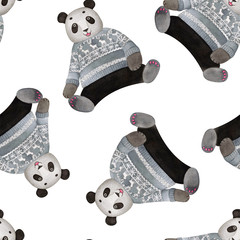 Watercolor seamless pattern with cute panda in sweater with deers