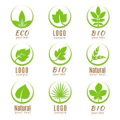 Nature logo set or ecology labels with green leaves isolated on white background.