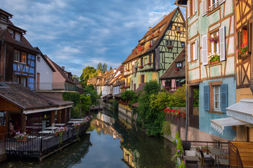Waterfront canal in the historic town of Colmar. Alsace. France.