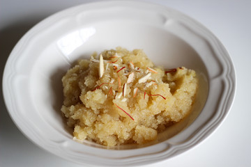 Sheera/Shira - Semolina based Indian sweet dish with cardamom flavour. Also served on auspicious occasions