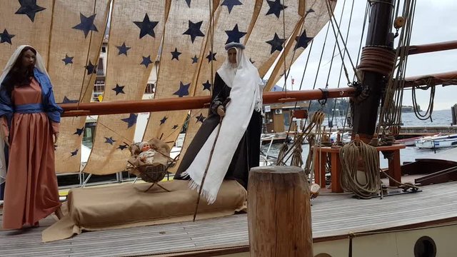 Malcesine, lake garda. Nativity and arrival of the three kings on a boat