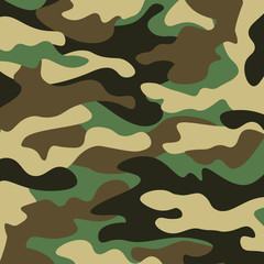 Camouflage pattern background. Classic clothing style masking camo repeat print. Green brown black olive colors forest texture. Design element. Vector illustration.