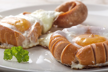 Fried sausages and eggs