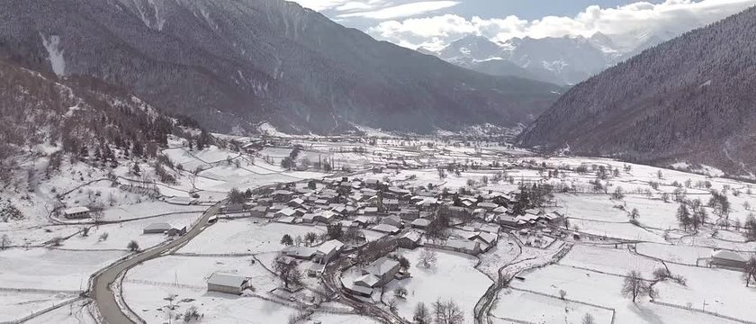 Aerial view from DJI Phantom on a Kavkaz village in mountains in Georgia.