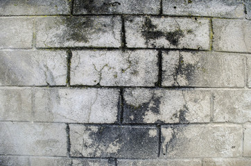 Fragment of old dirty brick wall with peeling plaster texture painted white may use to interior design or stone surface