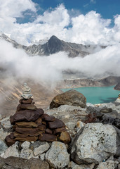 The view from the Renjo Pass (5360 m) on the lake Dudh Pokhari and the village of Gokyo - Nepal,...