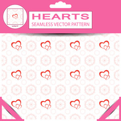 Seamless vector pattern from red hearts and snowflakes for Valentine's Day in package with pattern unit and shadow.