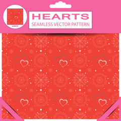 Seamless vector pattern from red hearts and snowflakes for Valentine's Day in package with pattern unit and shadow.