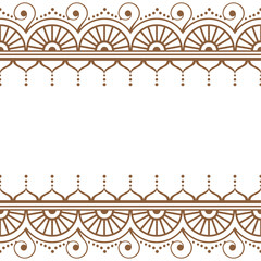 Indian, Mehndi Henna brown line lace element with circles and waves pattern card for tattoo on white background