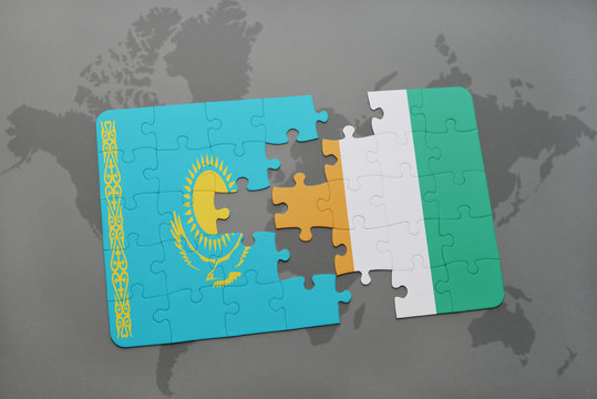 puzzle with the national flag of kazakhstan and cote divoire on a world map