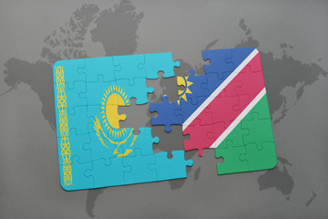 puzzle with the national flag of kazakhstan and namibia on a world map