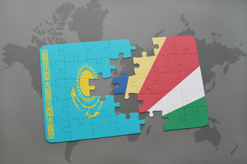 puzzle with the national flag of kazakhstan and seychelles on a world map